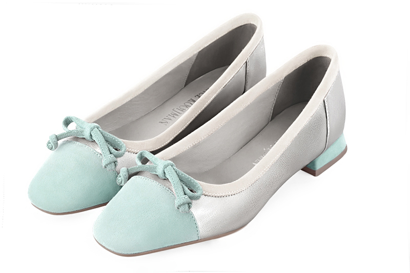 Aquamarine blue, light silver and off white women's ballet pumps, with low heels. Square toe. Flat flare heels. Front view - Florence KOOIJMAN